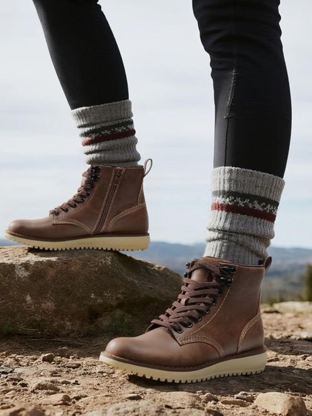 Anjoufemmw Women's Brown Lace-Up Leather Ankle Boots with Side Zip